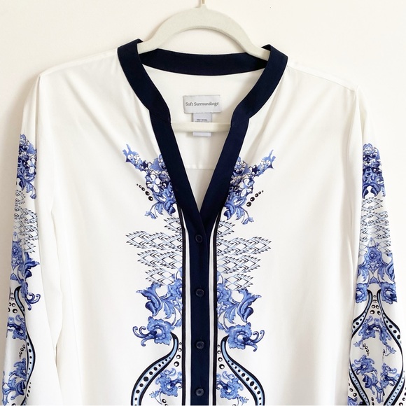 Soft Surroundings Paisley Blue Floral Notched Flat Collar Button Up Tunic Top S - Picture 2 of 6